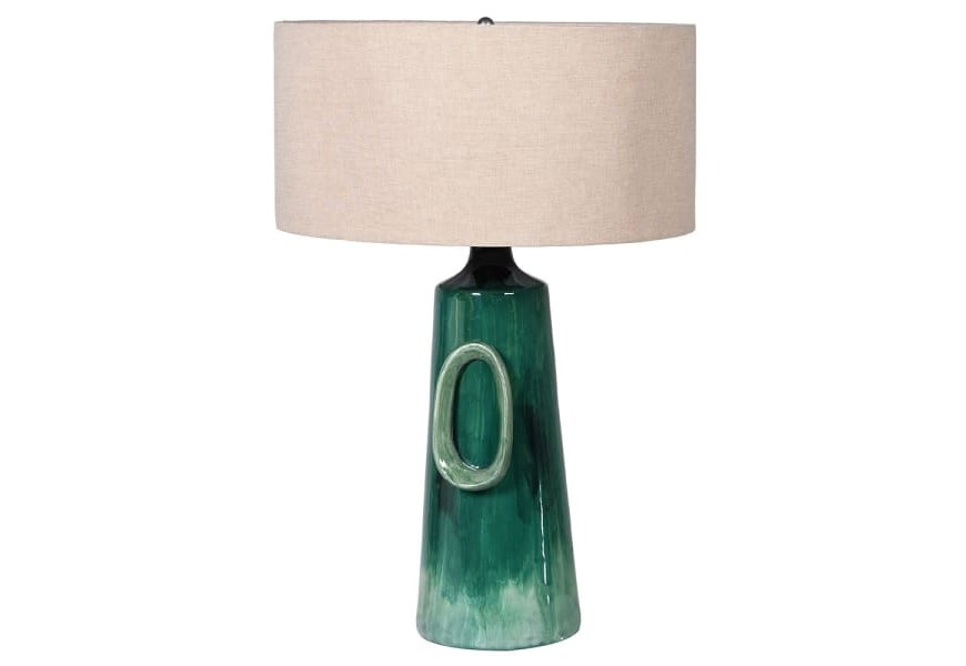 Vintage keramická nočná lampa Opole s podstavou v smaragdovozelenej farbe a s krémovým textilným tienidlom 65cm