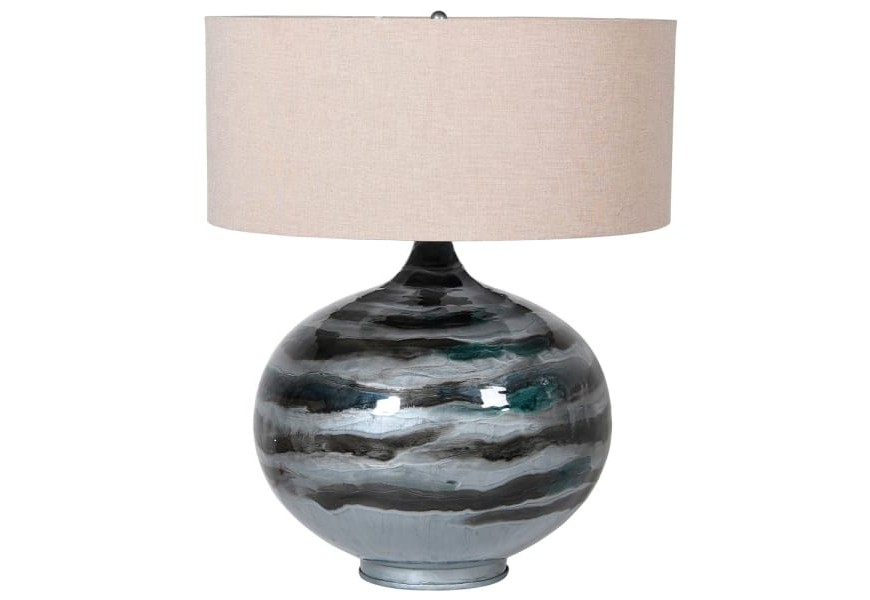 Elegantná vintage keramická lampa Belami so zaoblenou podstavou v sivých odtieňoch a béžovým textilným tienidlom