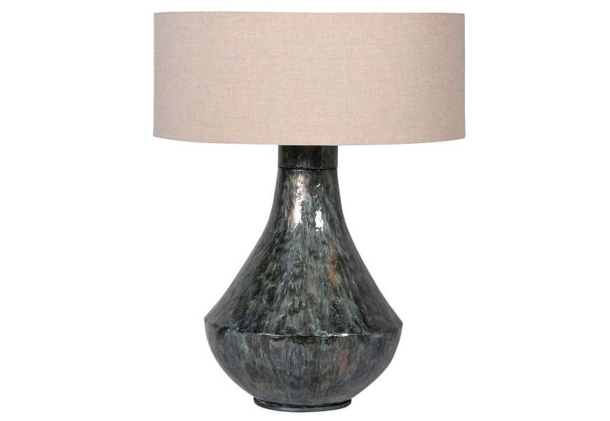 Elegantná vintage keramická nočná lampa Belami s podstavou v čierno sivých odtieňoch s textilným béžovým tienidlom