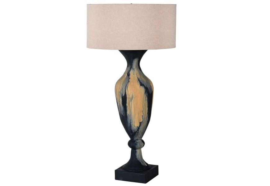 Elegantná vintage stolná lampa Elodia s keramickou čierno-žltou podstavou a béžovým textilným tienidlom