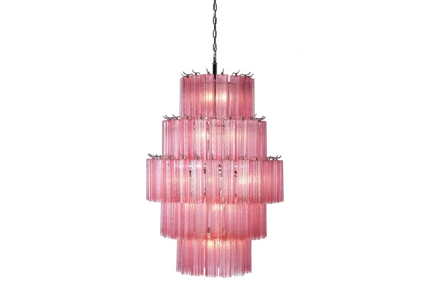 Art deco luxusný sklenený luster ružovej farby Monteli kaskádového tvaru s kovovou konštrukciou 115cm