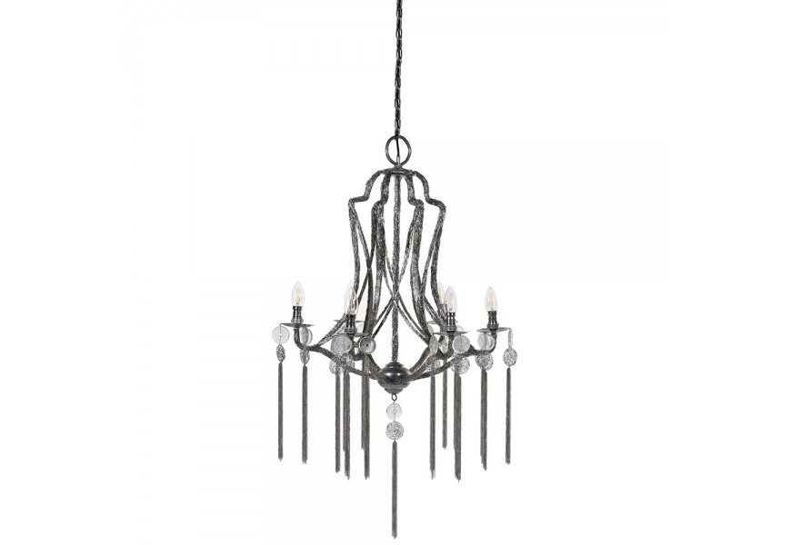 Vintage závesné stropné svietidlo Shiny v lesklej striebornej farbe s kovovou konštrukciou a ozdobnými visiacimi korálkami na ra