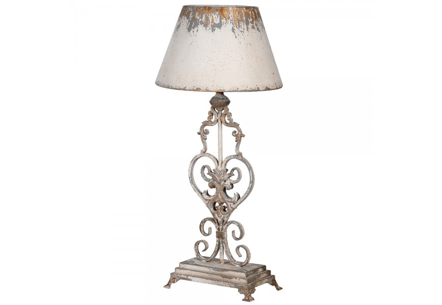Starožitne pôsobiaca ornamentálne zdobená kruhová lampa Belacqua s obdĺžnikovou podstavou šedej holubičej a slonovinovej bielej farby vo vintage štýle