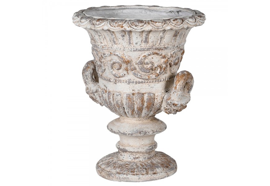 Starožitne pôsobiaci slonovinovo biely ornamentálne zdobený okrúhly kvetináč Pekkala s umelou patinou šedej holubičej a medenej farby vo vintage štýle