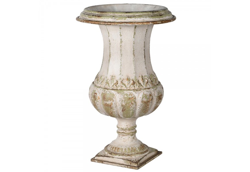 Starožitne pôsobiaci slonovinovo biely ornamentálne zdobený okrúhly kvetináč Serafina s umelou patinou šedej holubičej a medenej farby vo vintage štýle