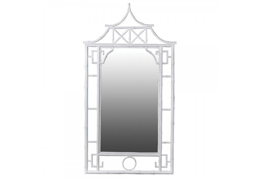 Orientálne biele obdĺžnikové vysoké zrkadlo Panda s rámom z bambusového dreva a motívom pagoda chrámov s jemným zdobením