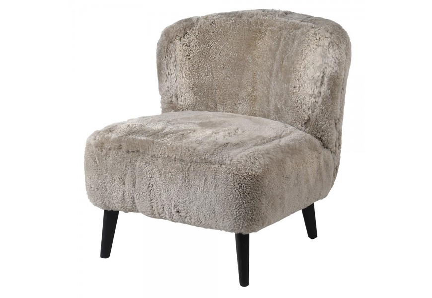 Art deco glamour čierno sivé kreslo Kaisa z masívu bez opierok z ovčej kožušiny holubičej farby 81cm