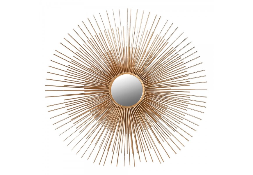 Art deco veľké okrúhle nástenné zrkadlo Salcilia so širokým rámom so stupňovitými kovovými lúčmi zlatej farby 130cm