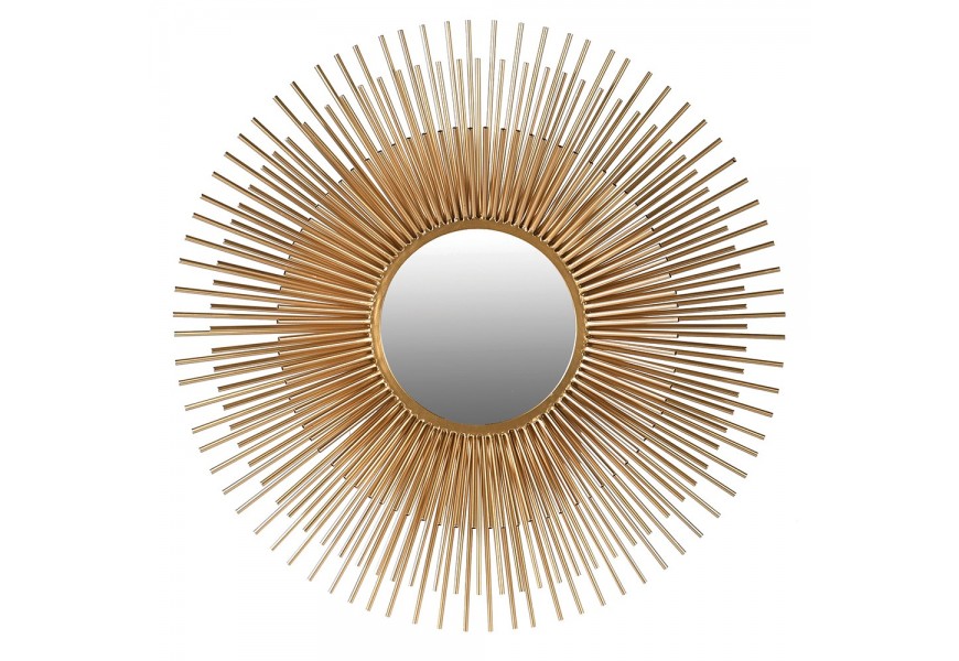 Luxusné kovové kruhové nástenné zrkadlo Sturrock s okrúhlou zrkadlovou pochou v hrubom ráme evokujúce tenké slnečné lúče zlatej farby v art-deco štýle