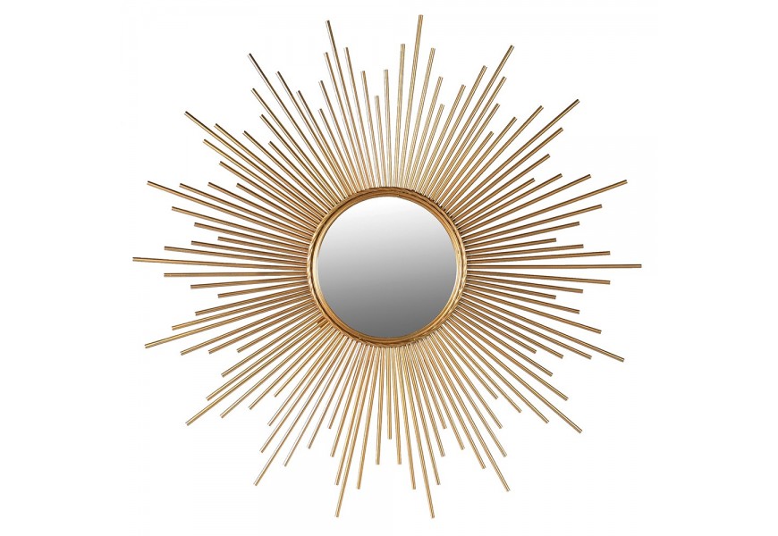 Exkluzívne kovové okrúhle nástenné zrkadlo Reina s kruhovou zrkadlovou pochou v hrubom ráme evokujúce tenké slnečné lúče zlatej farby v