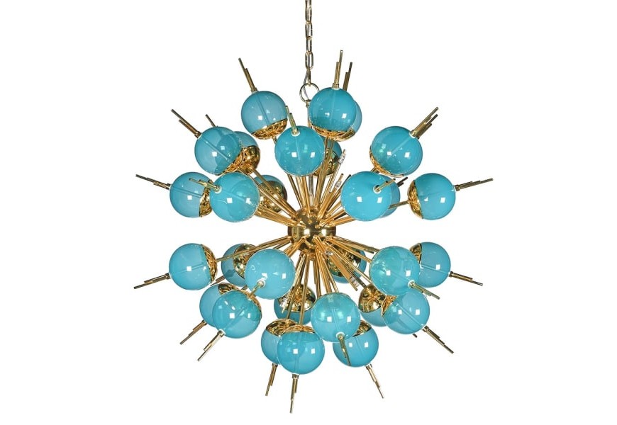 Luxusný luster Starlight v art-deco štýle s azúrovo modrými sklenenými tienidlami a so zlatou kovovou konštrukciou