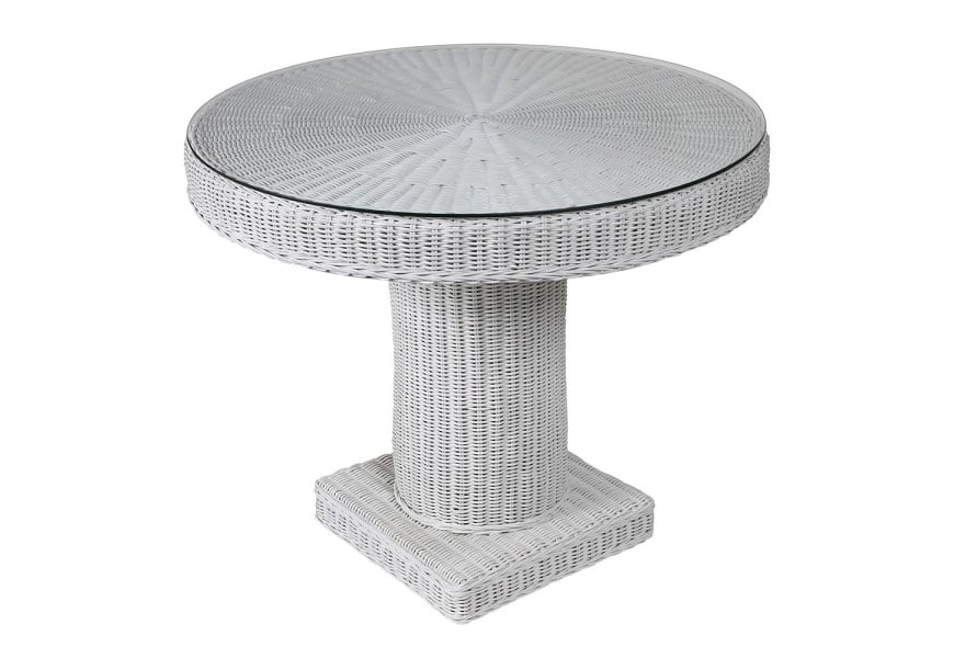 Ratanový štýlový kruhový jedálenský stôl Ratania Blanc so sklenenou povrchovou doskou a valcovitou podstavou 94cm