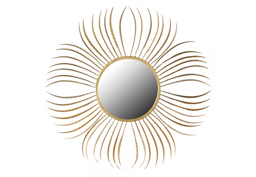 Exkluzívne kovové okrúhle nástenné zrkadlo Xaphania s kruhovou zrkadlovou pochou v hrubom ráme tvorenom tenkými dlhými pierkami zlatej farby v art-deco prevedení