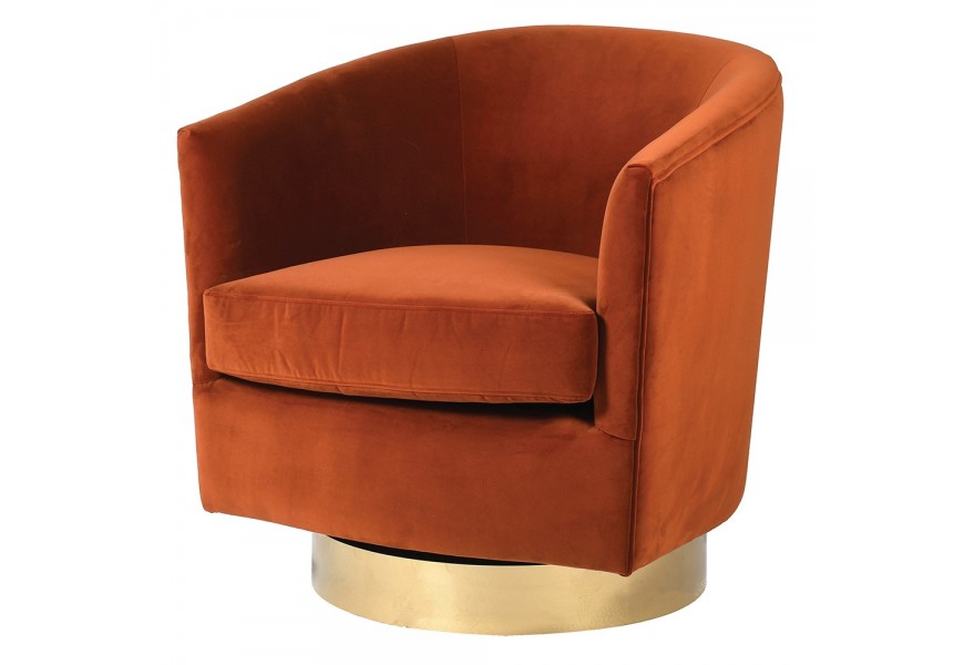 Otočné kreslo Rhoades v štýle art deco so zaoblenou opierkou v hrdzavo oranžovom čalúnení s podstavou v zlatej farbe