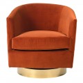 Art-deco otočné kreslo Rhoades s hrdzavo oranžovým čalúnením s okrúhlou kovovou podstavou zlatej farby 77cm