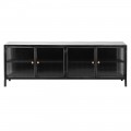 TV stolík Steellytical v industriálom čiernom štýle s konštrukciou z kovu so štyrmi dvierkami a vnútornou poličkou