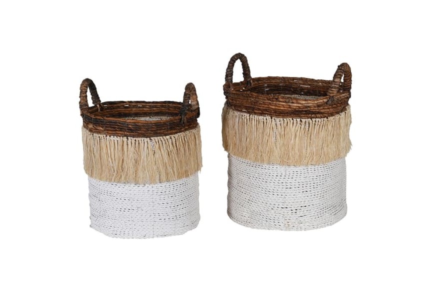 Vidiecky set dvoch ratanových košov Pelasi hnedej a bielej farby s prírodným zdobením 40cm