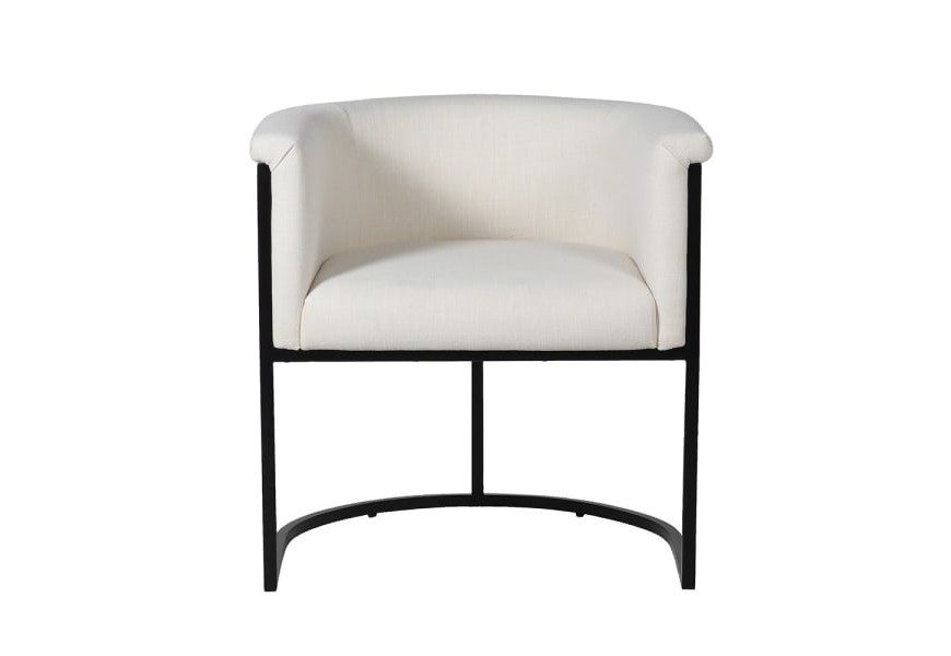 Art-deco štýlová jedálenská stolička Avalon so zaobleným operadlom s bielym ľanovým čalúnením a s čiernou kovovou konštrukciou