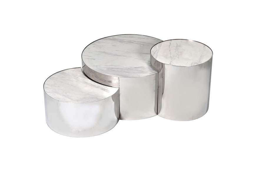 Art deco štýlový konferenčný stolík Smithen z troch častí okrúhleho tvaru s povrchovou doskou s mramorovým efektom