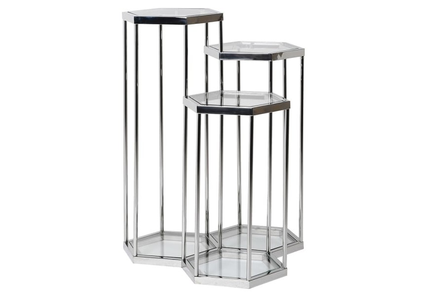 Dizajnový trojitý príručný stolík Helvete v art deco štýle s kovovou konštrukciou šesťuholníkového tvaru so sklenenou výplňou