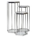 Dizajnový trojitý príručný stolík Helvete v art deco štýle s kovovou konštrukciou šesťuholníkového tvaru so sklenenou výplňou