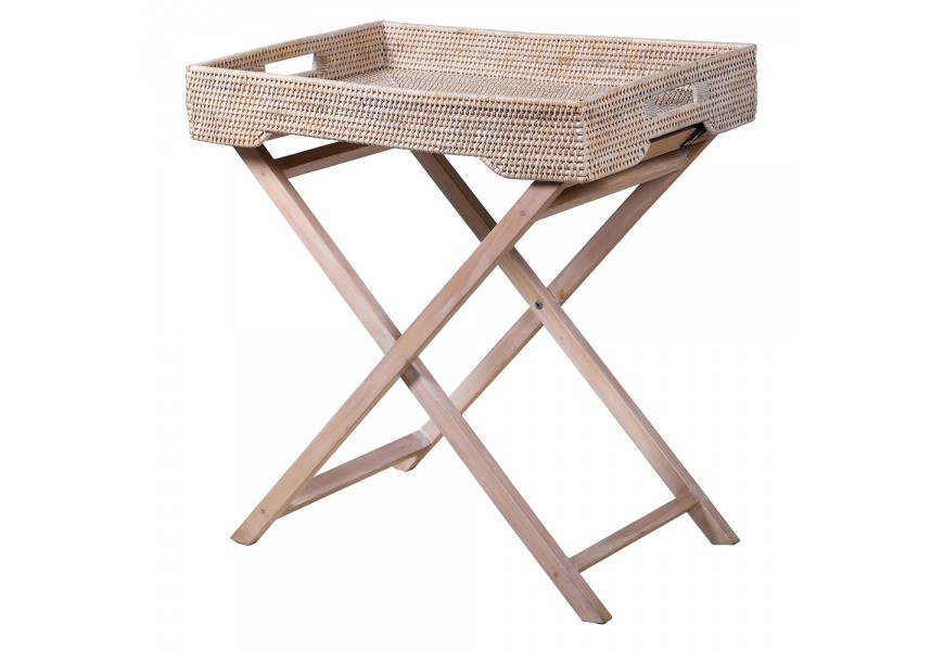 Moderný ratanový podnos Ratana na vysokých nohách s prekrížením, konštrukciou z mahagónového dreva v svetlých hnedých odtieňoch