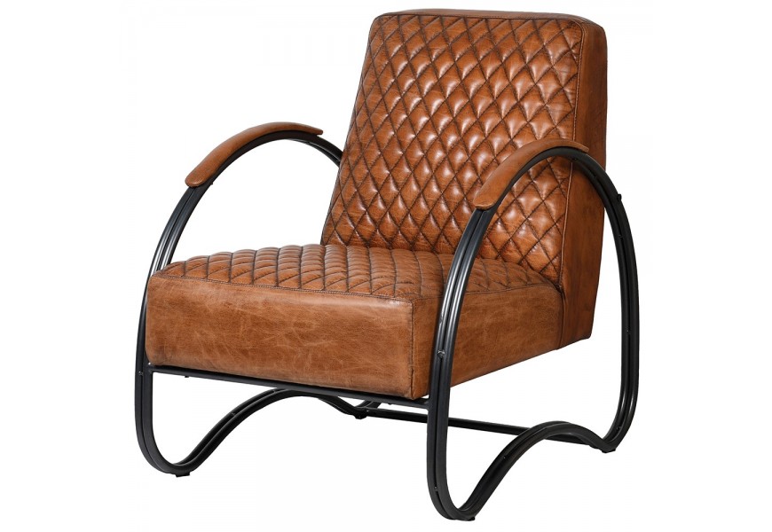 Hned&eacute; kožen&eacute; kreslo Serhy z pravej kože s čiernou kovovou kon&scaron;trukciou s retro vzorovan&yacute;m čal&uacute;nen&iacute;m 89cm