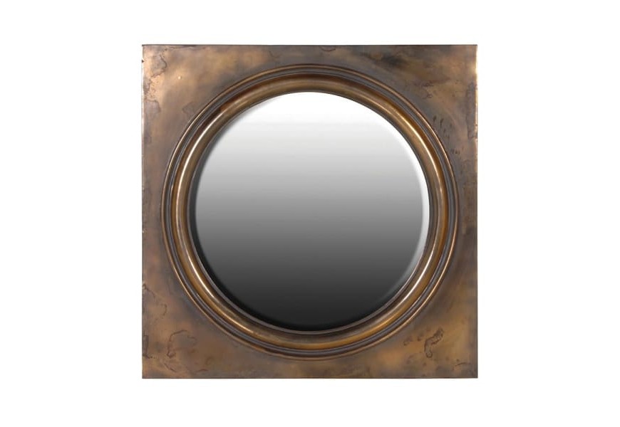 Vintage okrúhle zrkadlo Withsword v štvorcovom medenom ráme s antickou patinou