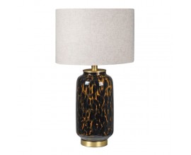 Vintage sklenená nočná lampa Meridian čierno-zlatej farby so sivobielym ľanovým tienidlom 70cm