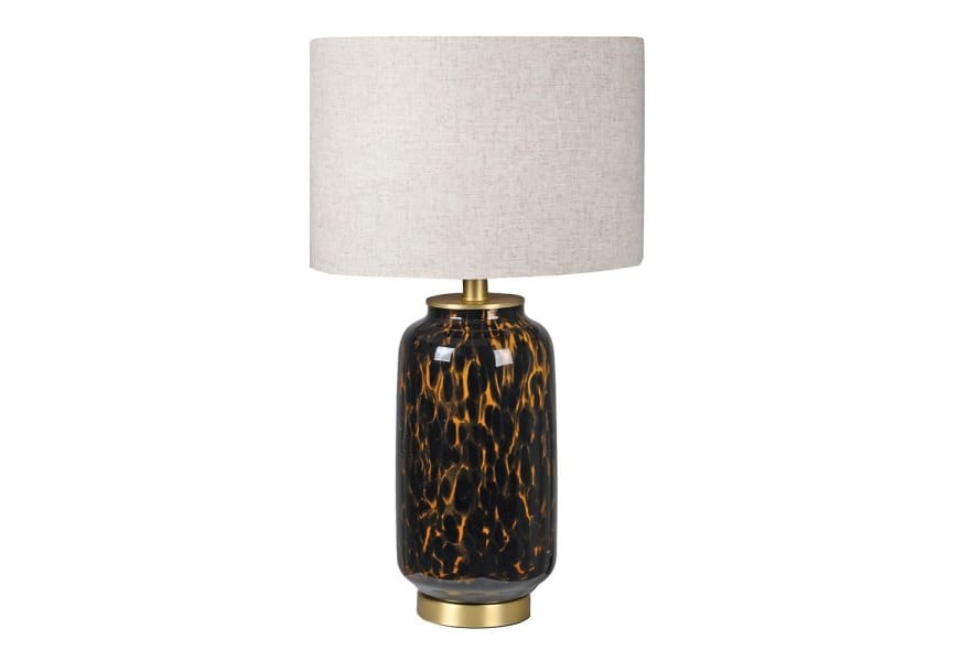 Luxusná nočná lampa Meridian zo skla čierno-zlatej farby so sivobielym ľanovým tienidlom