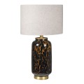 Luxusná nočná lampa Meridian zo skla čierno-zlatej farby so sivobielym ľanovým tienidlom