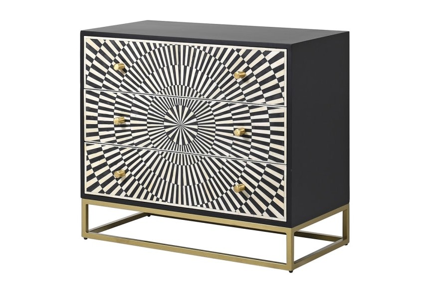 Luxusná art-deco komoda Siciliano z mangového masívu s tromi zásuvkami a zdobením technikou bone inlay čierno-bielej farby