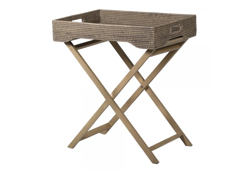 Štýlový moderný ratanový podnos Ratana obdĺžnikového tvaru s bočnými otvormi na úchyt s mahagónovou konštrukciou a ratanovým výpletom v sivo-hnedej farbe