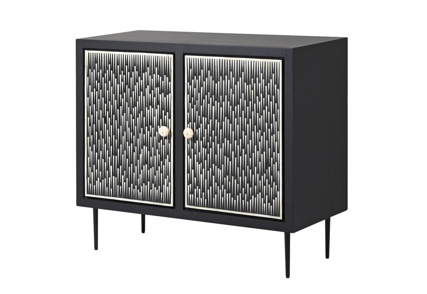 Luxusný príborník v art-deco štýle Yosemite z mangového masívu čiernej farby s bielym zdobením technikou bone inlay