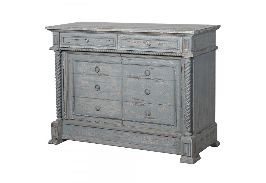 Masívna komoda Heritage s dvoma vyrezávanými dvierkami so vzhľadom zásuviek staromodrá vintage