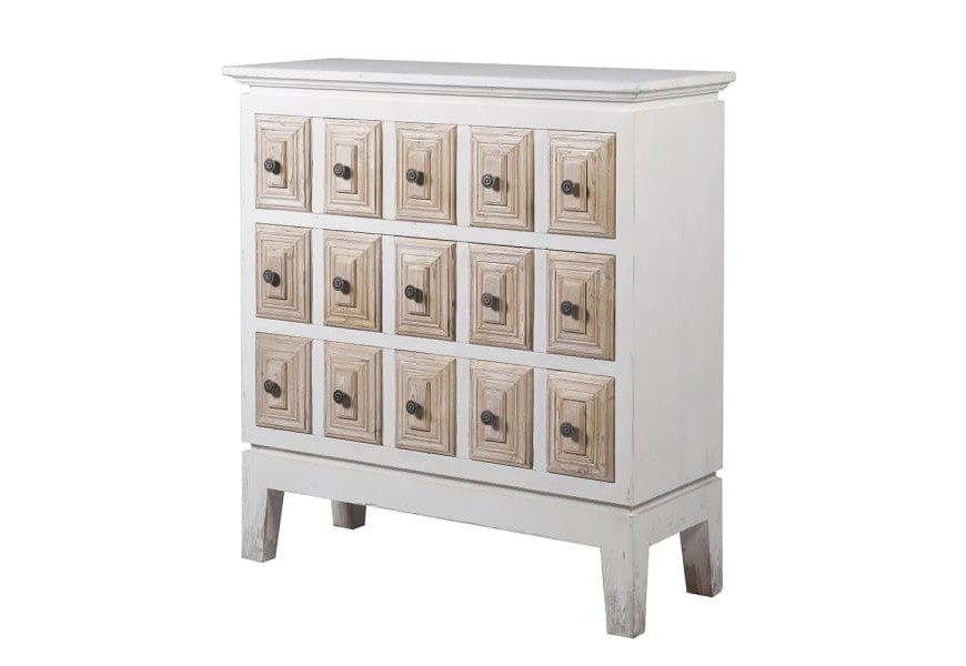 Masívna komoda Marietta vo vintage štýle v bielo-hnedej farbe s pätnástimi zásuvkami