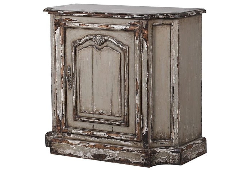 Rustik&aacute;lna vintage skrinka Dahlia z mas&iacute;vneho dreva hnedej farby s vyrez&aacute;van&iacute;m a patinou zostarnutia 91cm