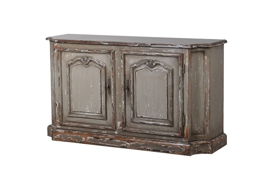 Vintage starožitný príborník s poličkami a dvierkami z masívu hnedej farby s rustikálnym vrezávaním