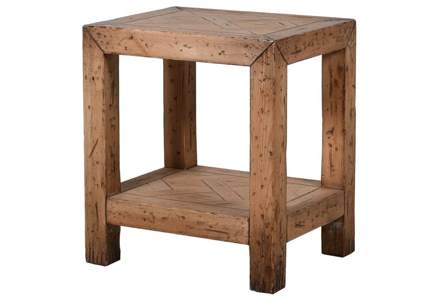 Elegantný masívny príručný stolík Emilio hnedej farby s parketovým vzorom