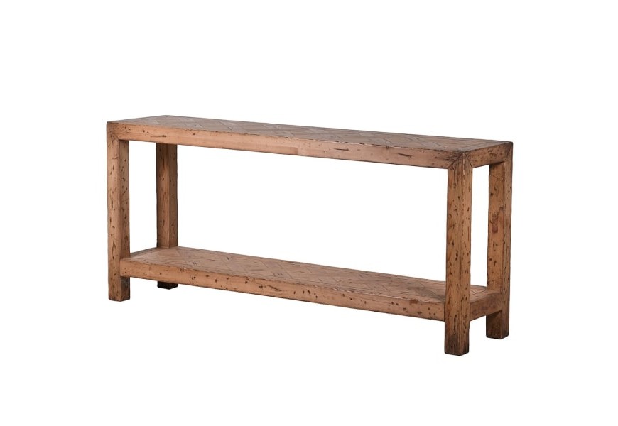 Drevená konzola Emilio vo vidieckom štýle z borovicového masívu prírodnej hnedej farbe s parketovým vzorom