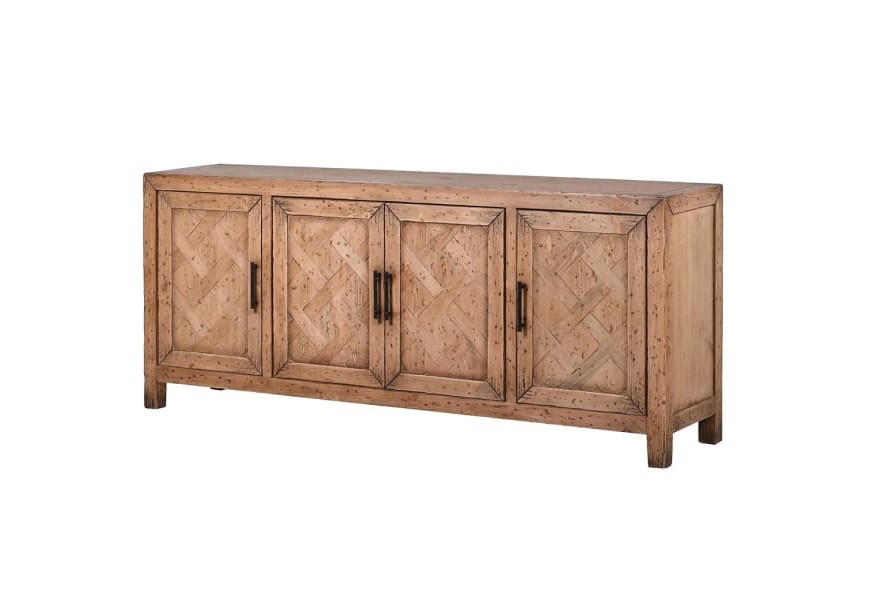 Masívny príborník Emilio obdĺžnikového tvaru na nožičkách svetlohnedej farby s dvierkami s parketovým vzorom