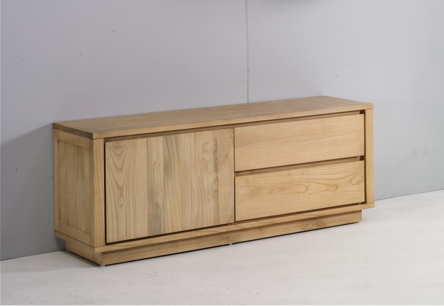 Moderný drevený TV stolík Fjordar v škandinávskom štýle s dvomi zásuvkami a dvomi policami hnedý teak