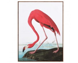 Moderný nástenný obraz vplameniaka Flamingo výraznej červenej farby na plátne v obdĺžnikovom hnedom ráme 113cm