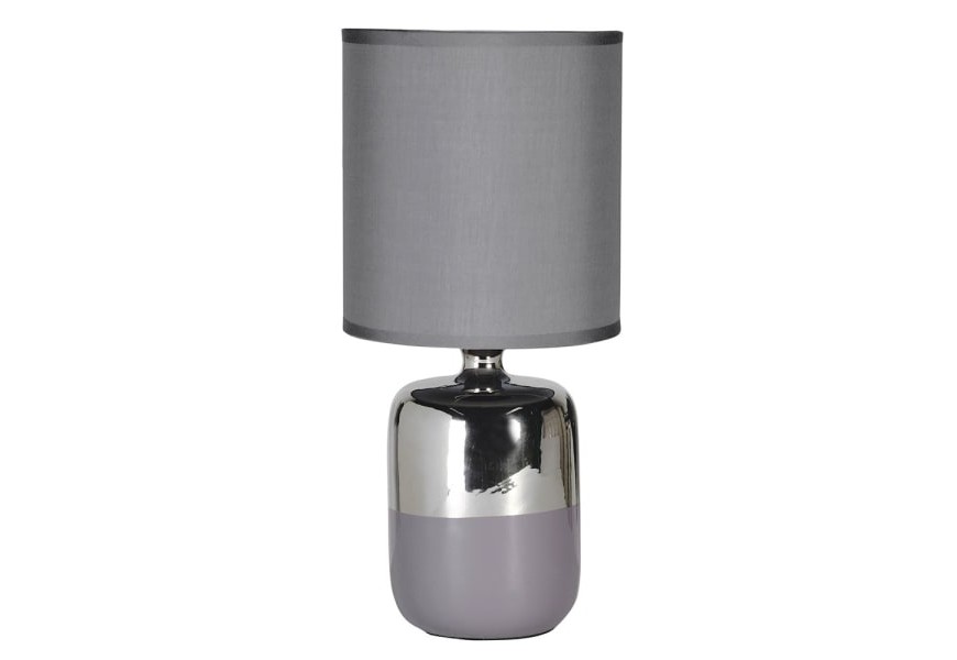 Elegantná moderná stolná lampa Maryville s keramickou podstavou striebornej farby a so sivým textilným tienidlom