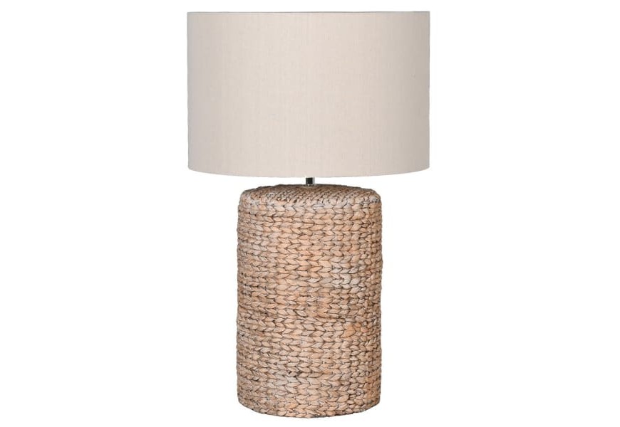 Elegantná vidiecka nočná lampa Alcoa s podstavou z prírodného povrazu svetlohnedej farby a s krémovým ľanovým tienidlom