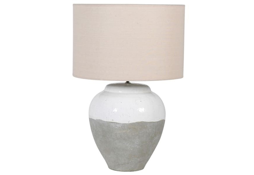 Štýlová vintage stolná lampa Gatlin v bielo-sivom prevedení s ľanovým okrúhlym tienidlom