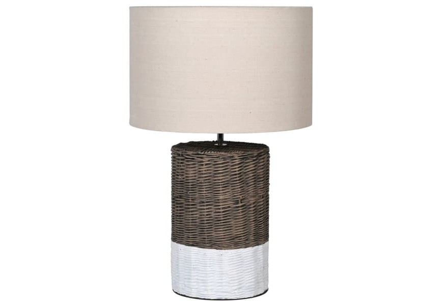 Vidiecka pr&uacute;ten&aacute; nočn&aacute; lampa Munford v hnedo bielom preveden&iacute; s kr&eacute;mov&yacute;m ľanov&yacute;m tienidlom 66cm