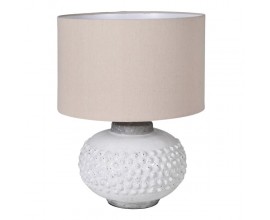 Keramická dizajnová nočná lampa Elegia s bielou okrúhlou podstavou s ozdobným reliéfom a s ľanovým tienidlom 55cm