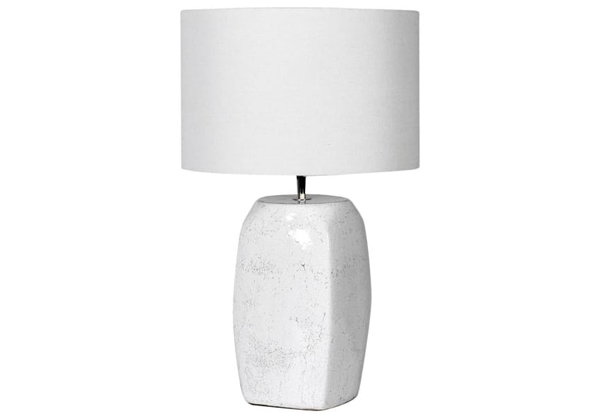 Štýlová biela nočná lampa Selmer s keramickou podstavou a okrúhlym bavlneným tienidlom