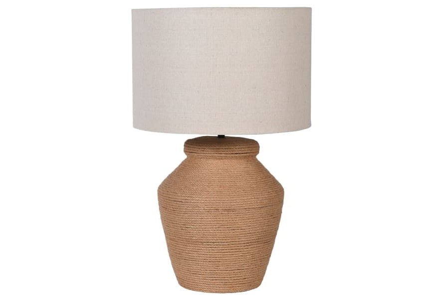 Vidiecka nočná lampa Clifton s keramickou podstavou obopletenou prírodným hnedým povrazom s okrúhlym krémovým ľanovým tienidlom